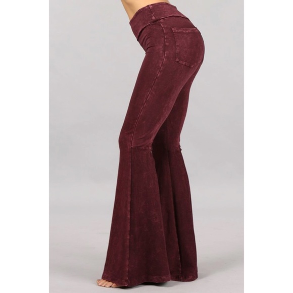 Pants - Burgundy Mineral Wash French Terry Flared Bell Bottom Pull On Pants w/ Pockets